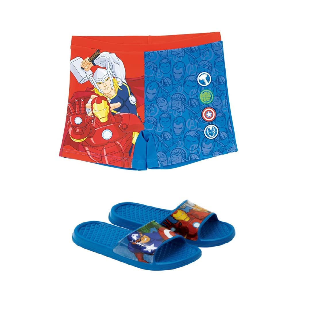 TJS THE JIREH STOREBañador Avengers para Playa o Piscina y Chanclas | Bañador Avengers Tipo Bóxer para Niños y Chanclas | Pack Ropa de baño Niño | Pack Vengadores.