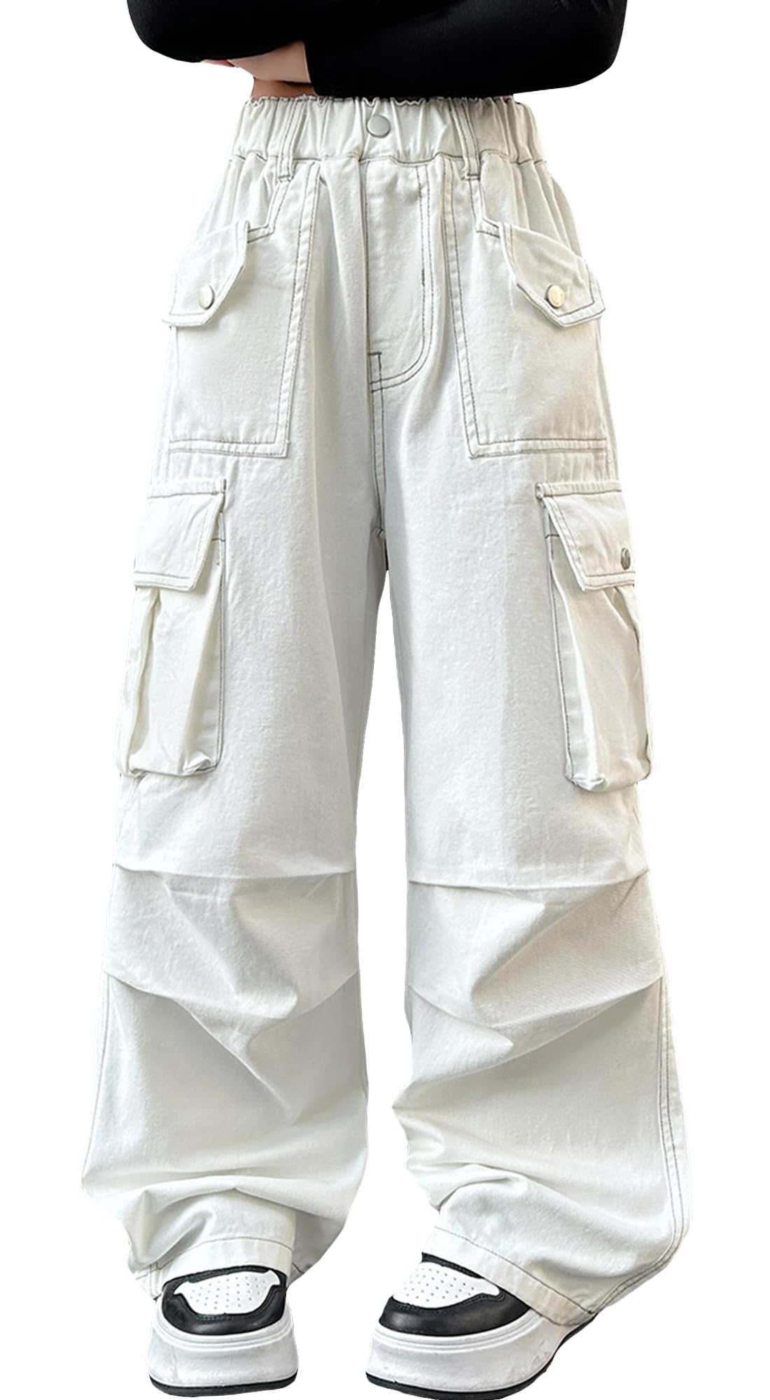 SEAUR Cargo Hose Mädchen Jeans Baggy Y2K Hip Hop Hose Multi Taschen Cargohose Kinder Streetwear Jeanshose mit Gummibund - 120-170=(EU 110-164)