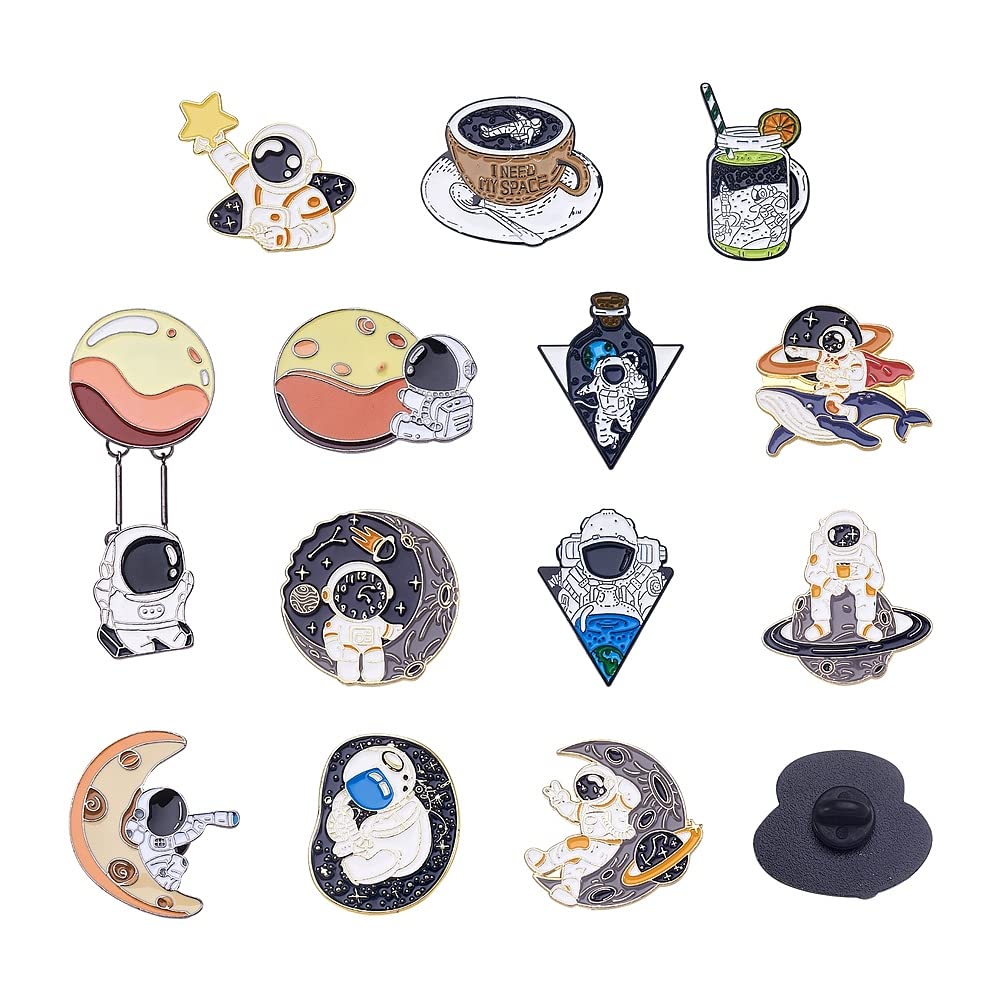 Cheriswelry 13Pcs 13 Styles Cute Space Enamel Alloy Pins Bulk Astronauts Cartoon Brooch Pins Set Fashionable Planet Theme Lapel Pins 25-60mm for Clothing Hat Jacket Bag Decoration