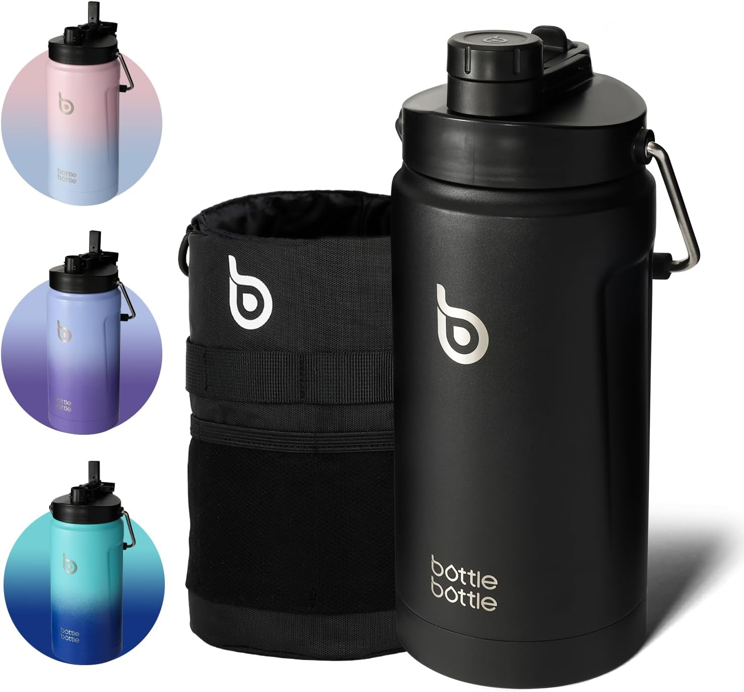 BOTTLE BOTTLE 2 Litre Water Bottle with Straw and Dual-use Lid Large Insulated Water Bottles with Handle Big Stainless Steel Metal Flask for Hot Drink(Black)