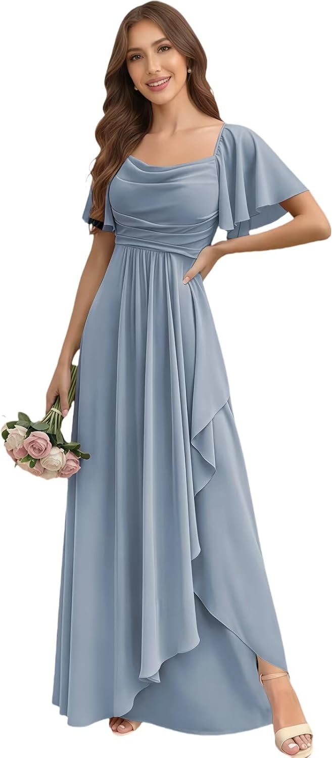 Flutter Sleeve Bridesmaid Dresses with Slit Chiffon Square Neck Formal Evening Dress