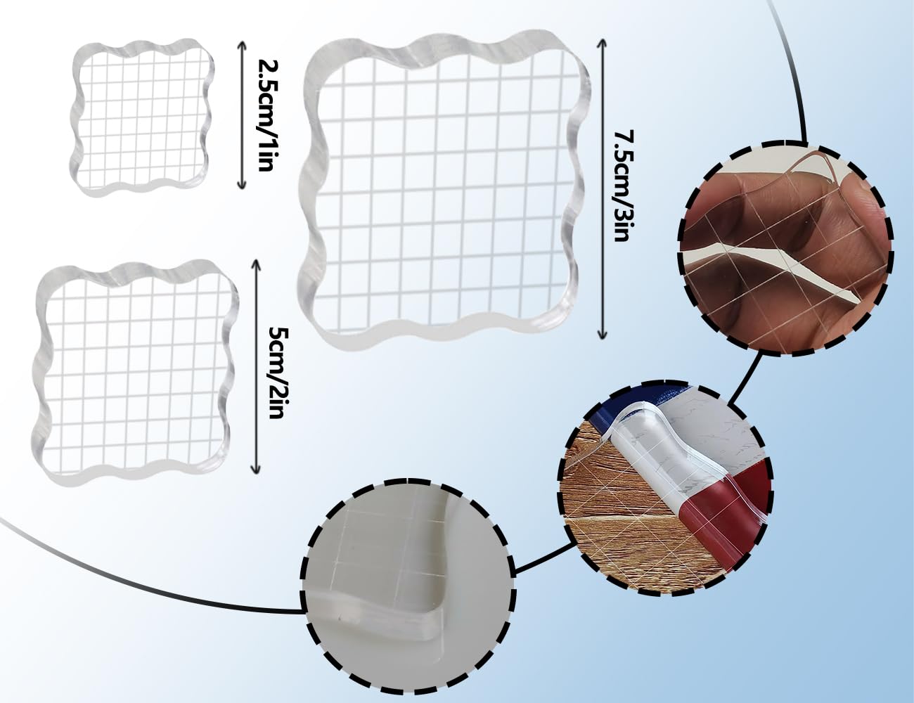 Lot De 3 Blocs Acryliques Pour Tampons Silicone - 2,5 / 5 / 7,5 Cm, Avec Quadrillage - Scrapbooking, Cartes - 3