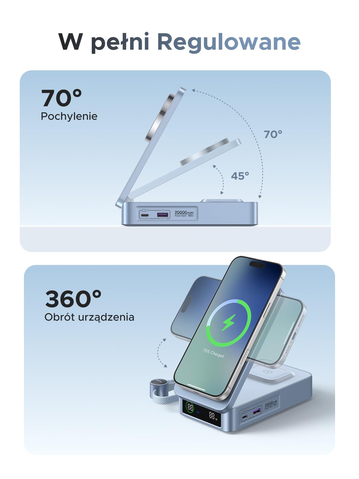UGREEN MagFlow 20000mAh Qi2 25W Magnetyczny Powerbank z USB-C 100W, AirPods | Certyfikat Qi2, Zintegrowany Kabel, Ekran LED, iPhone 17-12, Airpods, do podróży i dojazdów do pracy