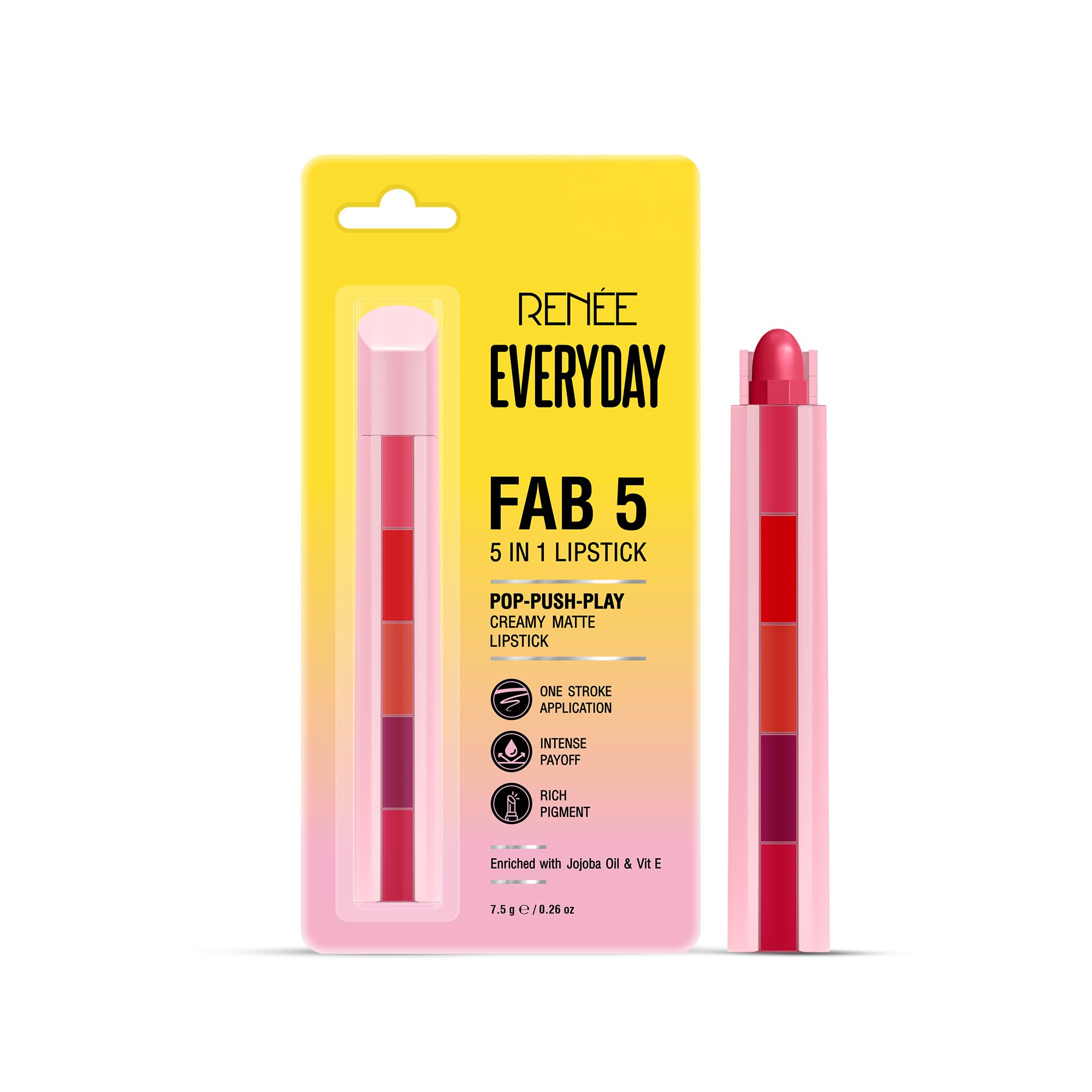 RENEE Everyday Fab 5 5-in-1 Lipstick | 5 Shades In 1 Stick, Matte Finish, Intense Colour Pay-off | Creamy Formula, Glides Easily, One Stroke Application | With Jojoba Oil & Vitamin E | 7.5 g
