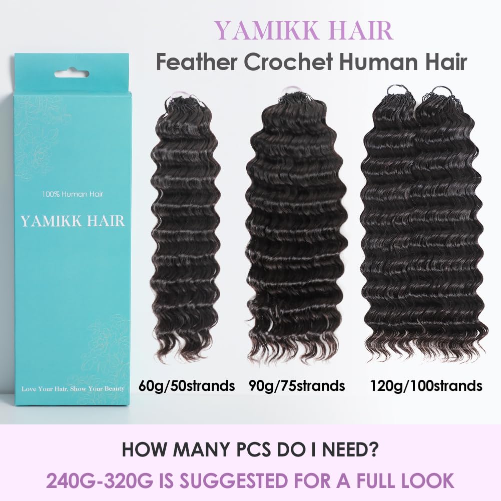 Yamikk Human Crochet Hair for Women 18 Inch Deep Wave Feather Crochet Human Hair Bundles Pre-Separated Pre-Looped Miracle Knots Crochet Human Hair Extensions 90g/75 Strands