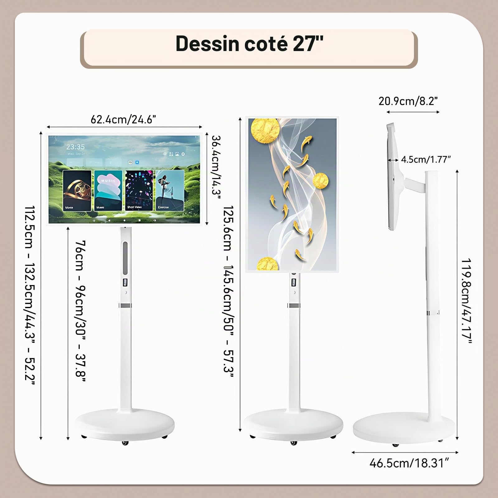 Téléviseur Portable 27 Pouces, Appareil Photo 12 MP, Moniteur Tactile Portable, Tablette TV Enroulable sur roulettes, Écran Tactile, 8 Go de Ram + 128 Go de Stockage, Batterie (6-8 H) 27"