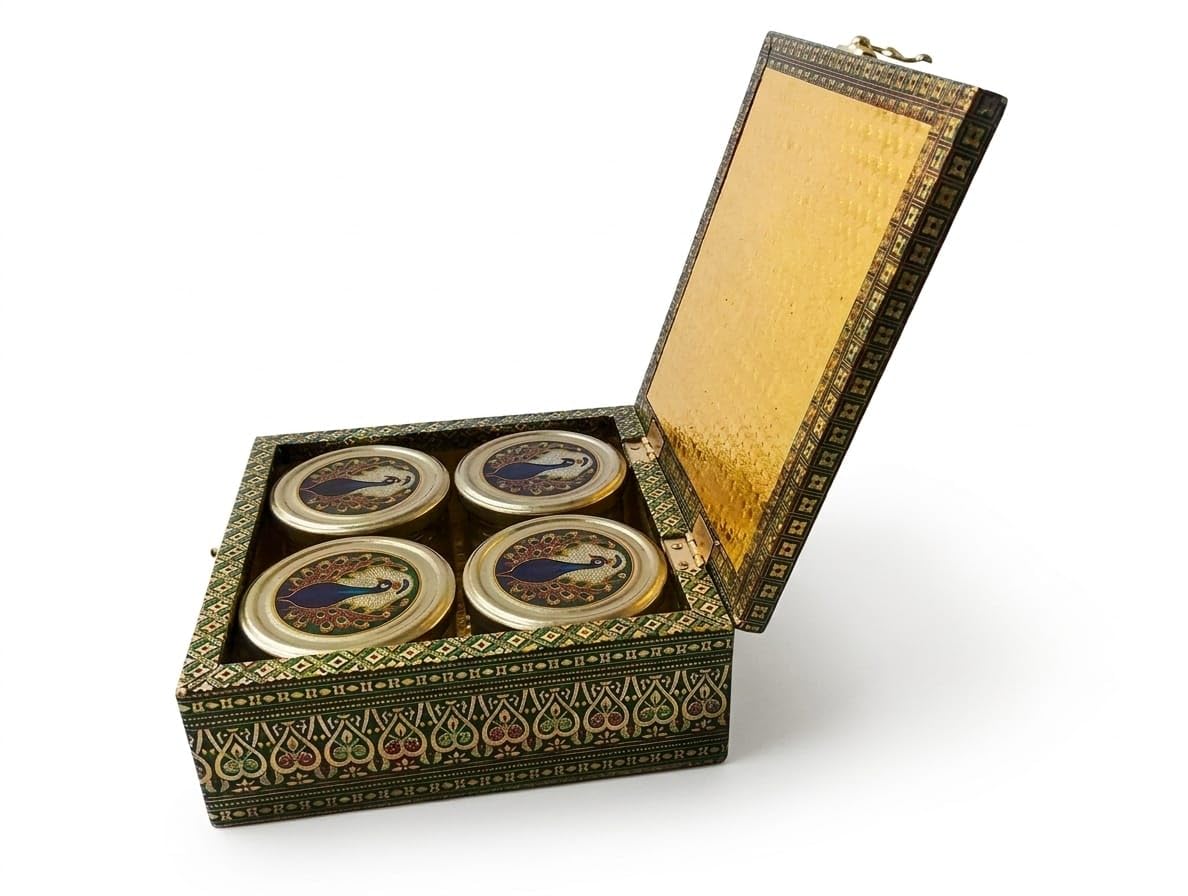 Tirth Store Multipurpose Wooden Dry Fruit Box With 4 Glass Jar Set Gift Hamper | Mukhwas Supari Dry Fruit Storage Container Box Empty | Perfect For Corporate, Diwali, Wedding, Housewarming Gifting-image-29