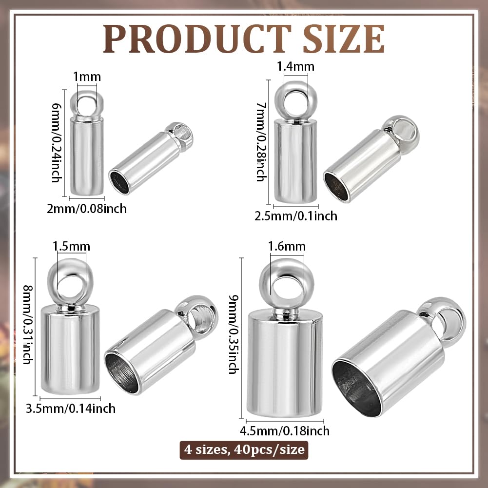 PH PandaHall 4 Sizes Cord Ends Caps 160pcs Platinum Plated Crimps Cord End Column Tassel Caps Cord Link Buckle Leather Cord End for Jewelry Making DIY Craft Necklace Bracelet Earring 6/7/8/9mm
