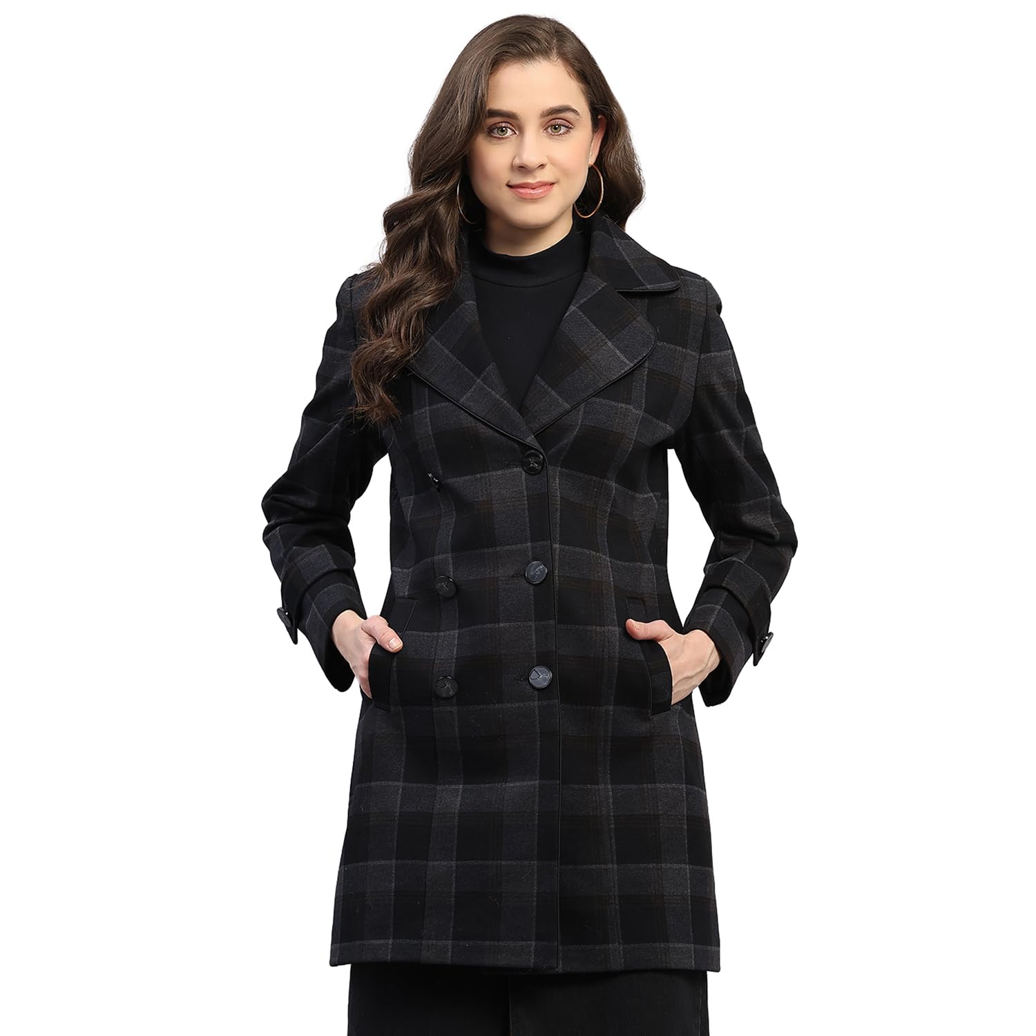 monte carlo Womens Regular Fit Checked Pattern Collared Neck Button Closure Full Sleeve Winter Coat Warm Woolen Overcoat for Ladies | Stylish Long Sleeve Buttoned Jacket (Pack Of 1)-picture-16