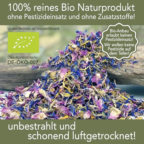 direct&friendly | Bio bunte Blütenmischung | 250g | farbenfroher Essblüten-Mix aus Rosen-, Ringelblumen- und Kornblumenblütenblättern