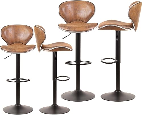 Magshion Taburetes de bar de piel sintética ajustables con respaldo giratorio de 360 grados, reposapiés, juego de 4, color café