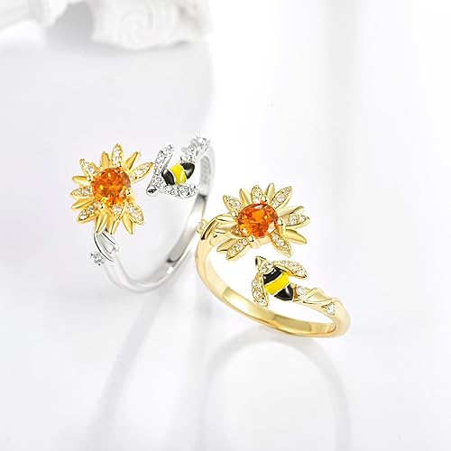 Miniatura 2 de Dreamboat Sterling Silver Sunflower Rings for Women Gold Ring Adjustable Spinner Ladybug Bee Flower Rings Flower Rings Cute Jewelry Gifts