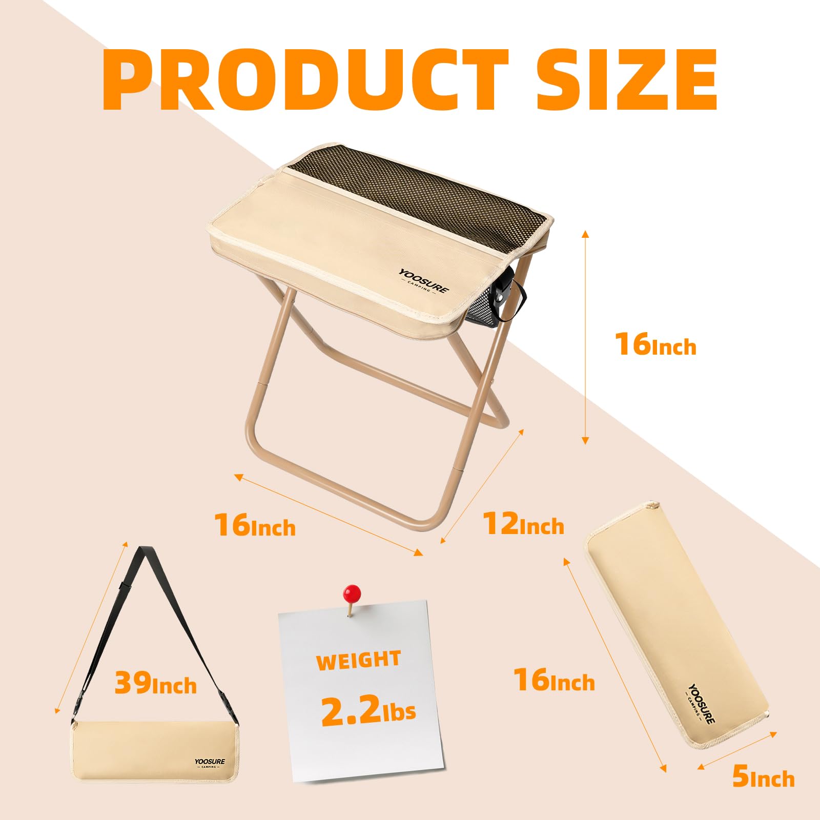 Yoosure 16" Extra Tall XL Portable Chair for Adults, Collapsible Purse Chair Heavy Duty Camp Seat with 3 Storage Pockets for Fishing Hiking Gardening, Lightweight Travel Purse Stool — view 2