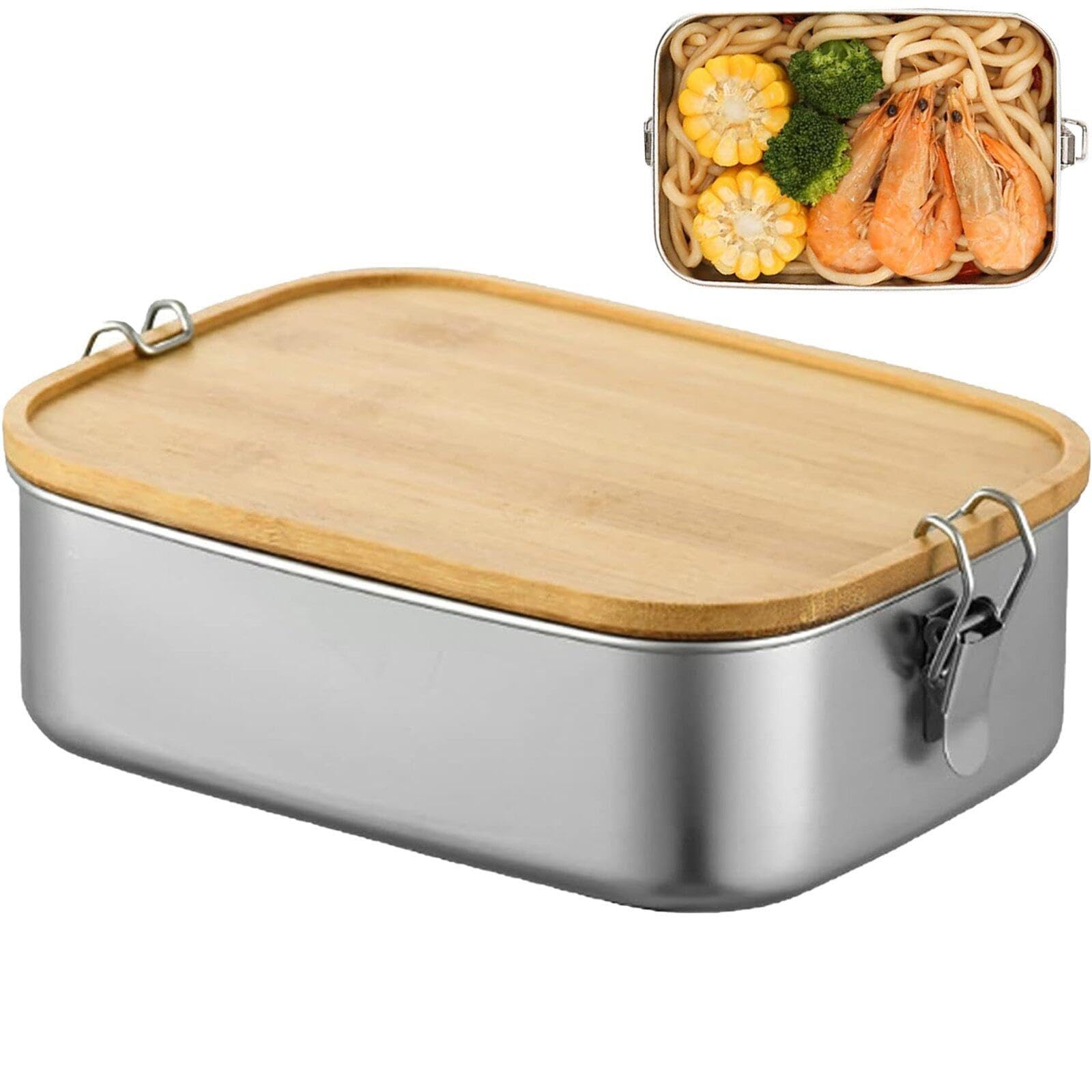 Dinntty As Shown Stainless Steel Lunch Box Portable Bento Box Leakproof Food Container With Wooden Lid For School Work Picnic