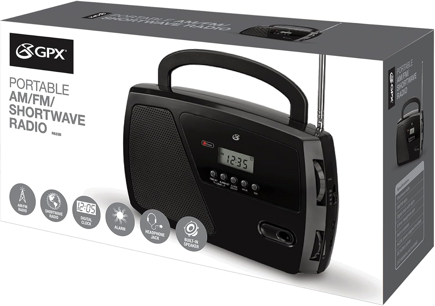 GPX R633B Portable Shortwave AM/FM Clock Radio (Black)