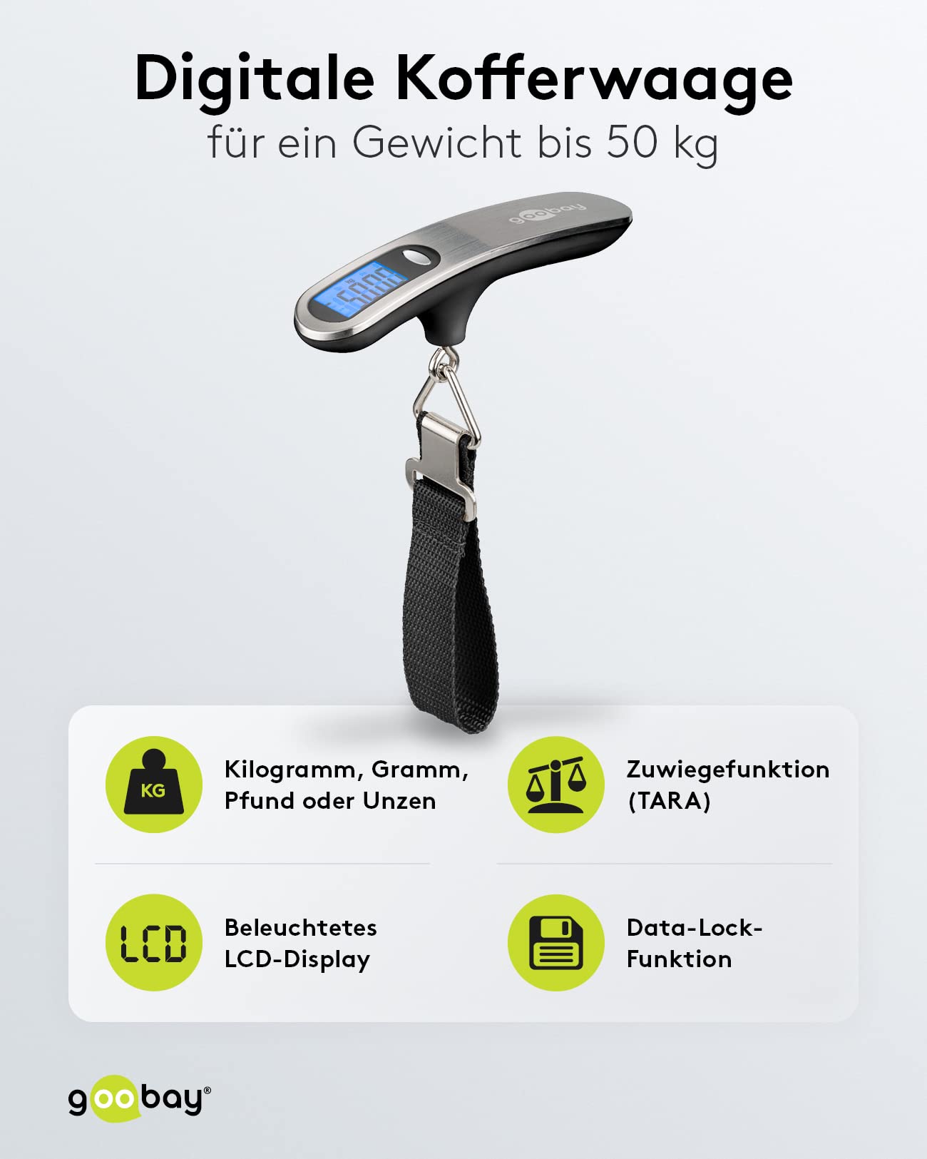Goobay 71883 cyfrowa waga bagażowa z jasnym wyświetlaczem LCD i funkcją tary, do bagażu do 50 kg, wygodny uchwyt idealnie leży w dłoni, nadaje się do podróży/życia rodzinnego, kolor srebrny