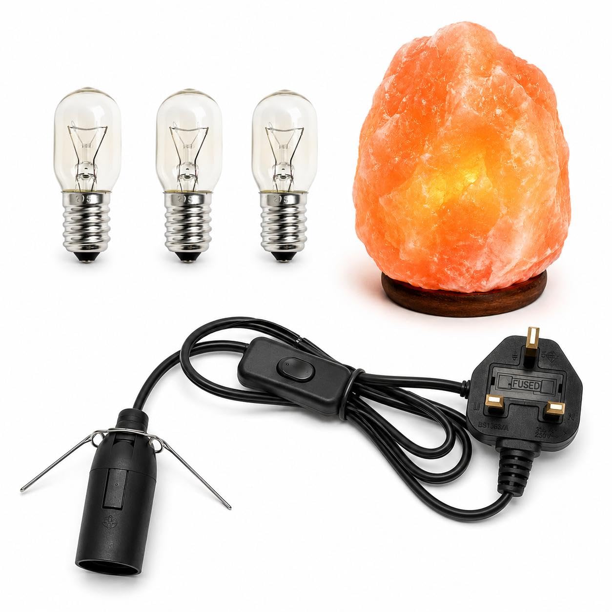 UK Salt Lamp Replacement Electrical Lamp Light Fittings with 2 Metal Clips | Spare Cable with UK 3-Pin Plug + 3 Bulbs | Durable & Safe Lighting Accessories