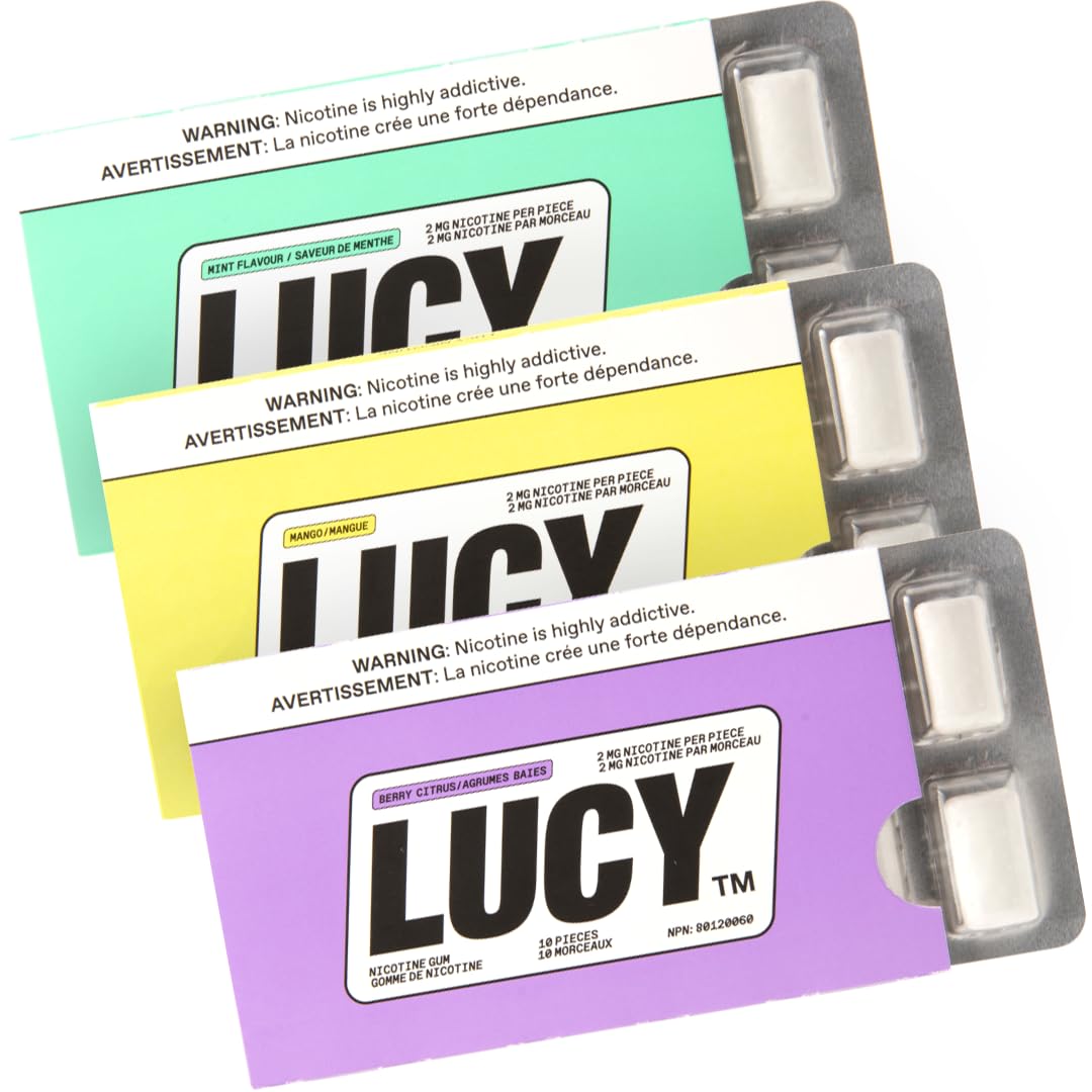 LUCY™ Nicotine Gum 2mg, 30 Count, Mint Mango, Berry Citrus - Health Canada Natural Product Number NPN 80120060 - NRT Stop Smoking Aid, Reduce Withdrawal Symptoms & Cravings
