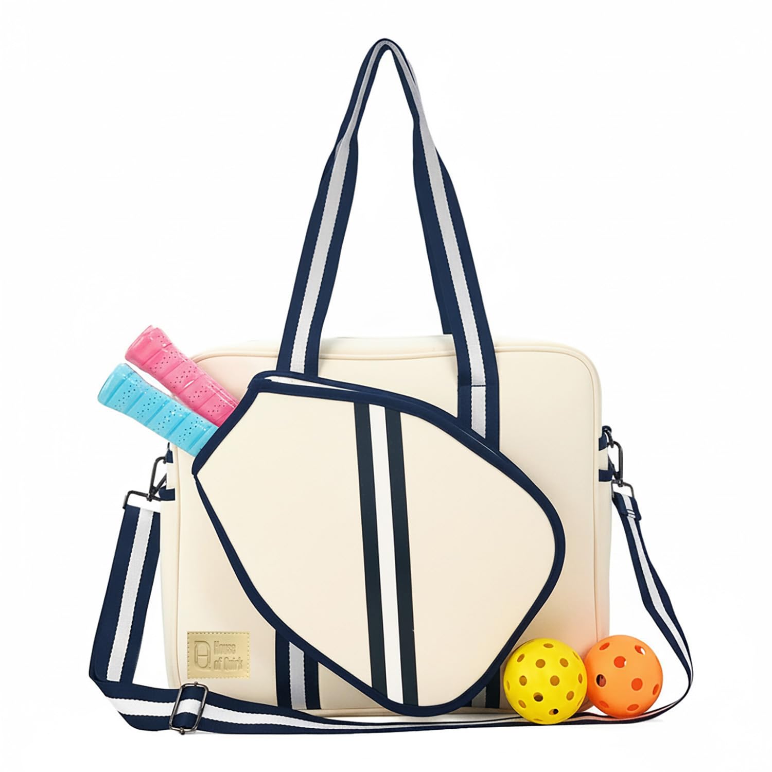 House of Quirk Neoprene Pickleball & Tennis Racket Bag | Large Capacity Sling Tote with Adjustable Shoulder Strap | Outdoor Sports Bag with Stripe Design (Beige)-image-13