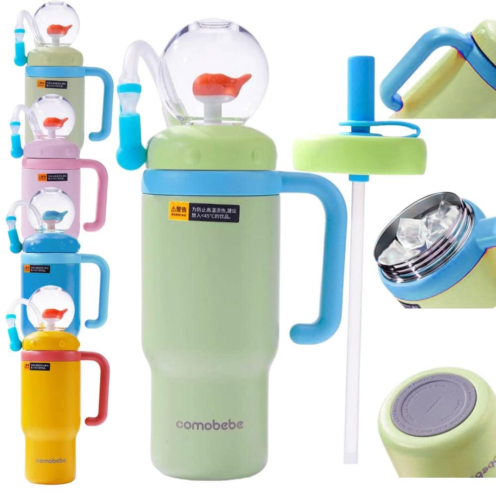 Whale Fountain Tumbler With Fun Fountain,24OZ Stainless Steel Whale Fountain Tumbler With Handle, Two Lids, Spill-proof, Dishwasher Safe, Gift for