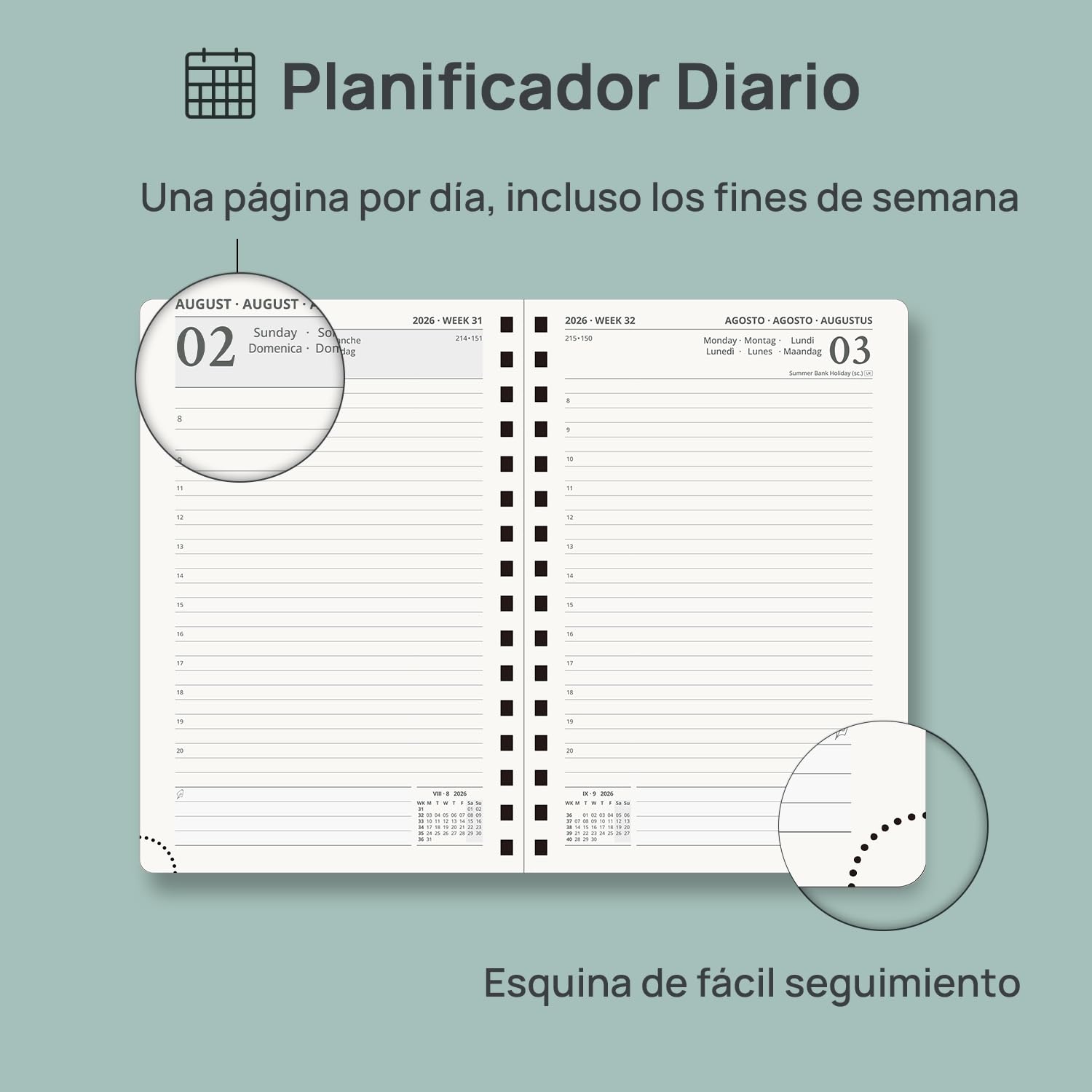 POPRUN Agenda 2026 2027 Dia Por Pagina 21,5 x 14,5 cm, Espiral Diaria 12 Meses de Ago.2026 a Jul.2027, Tapa Dura, Regla de Plásticol, 80 GSM Papel, Borgoña