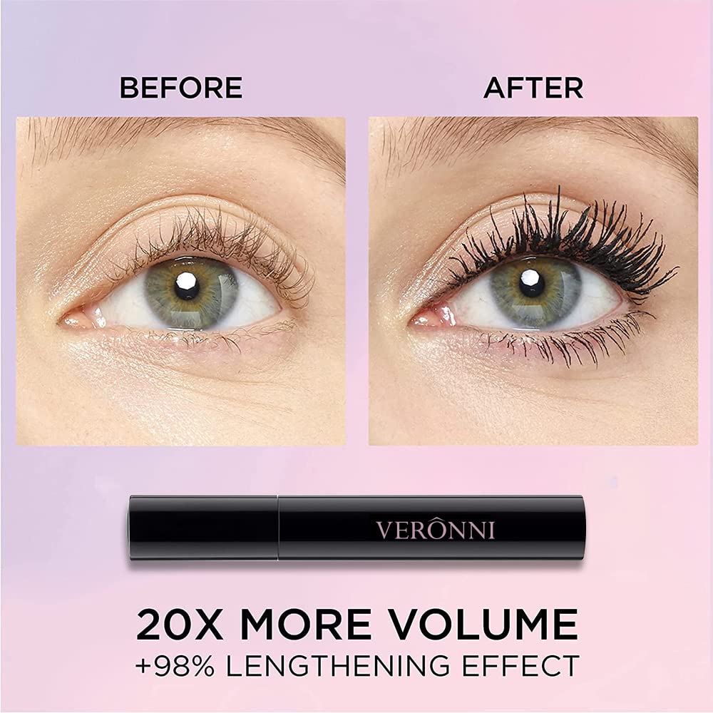 VERONNI Masque à cils blanc imperméable à l'eau bouclé, épais et allongé, soulève et prolonge les cils, résistant aux grumeaux, ne coule pas, masque de cils coloré à boucler