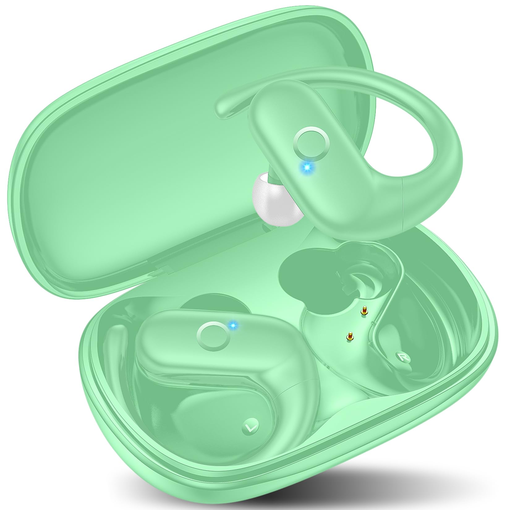 kurdene Wireless Earbuds Bluetooth Headphones Sport,Over Ear Buds with Deep Bass Sound,60Hrs Playtime Earphones Redesigned Comfort Fit with Earhooks for Running,Meeting,Workout-Mint Green