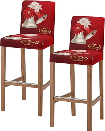 Juego de 2 fundas elásticas para taburetes de bar con diseño de flor de pascua de Navidad, color rojo y blanco, extraíble y lavable, para cocina,