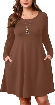 AusLook Womens Plus Midi Dress Long Sleeve Crew Neck A-Line Swing Flowy Vacation Fall Wedding Guest Dresses with Pocket 1-5X