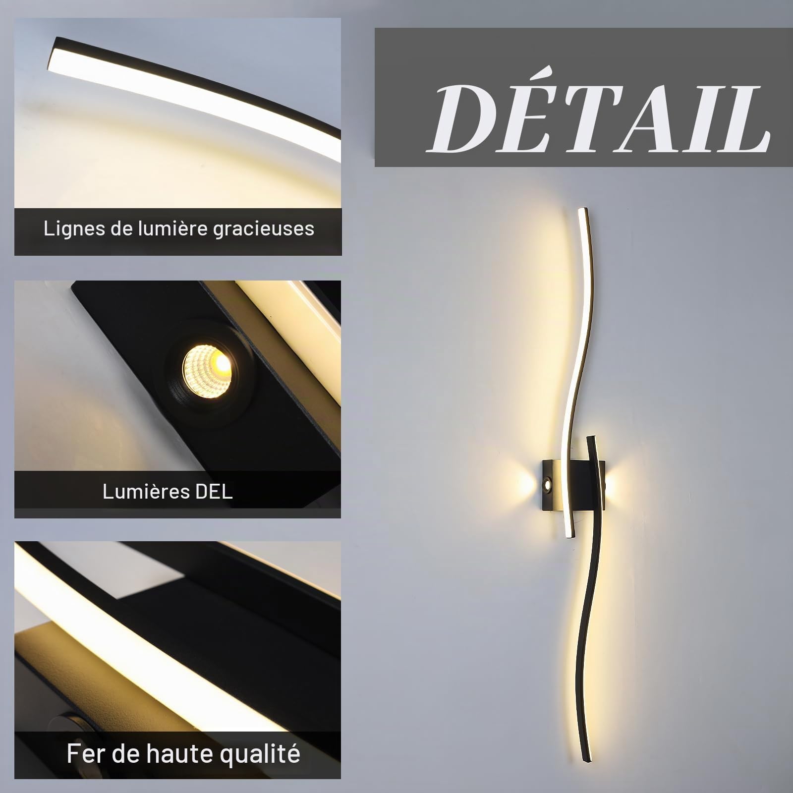 Noir Applique Murale IntéRieure,120Cm Lignes Simples Lampe Murale Led Dimmable,Luminaires IntéRieur Applique Pour Chambre Salon Couloirs Escalier Alle à Manger,3000-6000K Appliques