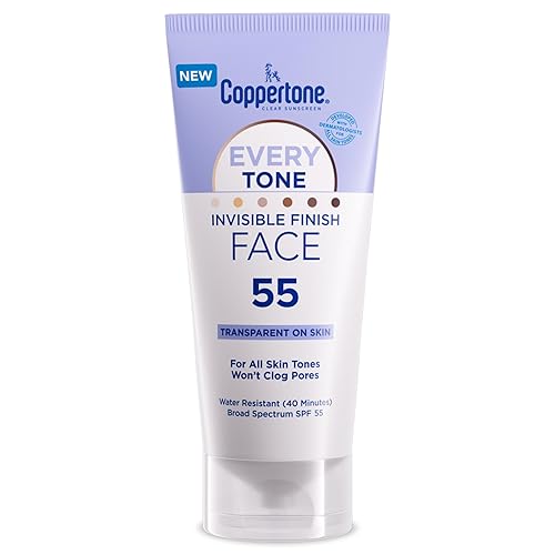 Coppertone Every Tone Invisible Finish - Loción facial SPF 55, ligera, frota en protector solar transparente para todos los tonos de piel, formulado