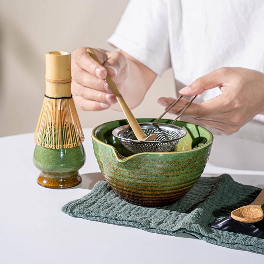 Juego de 8 batidores de matcha con caja de regalo negra, juego de kit de ceremonia de té tradicional japonés, juego de cuencos de cerámica para cambiar el horno, juego de cuencos de matcha a rayas