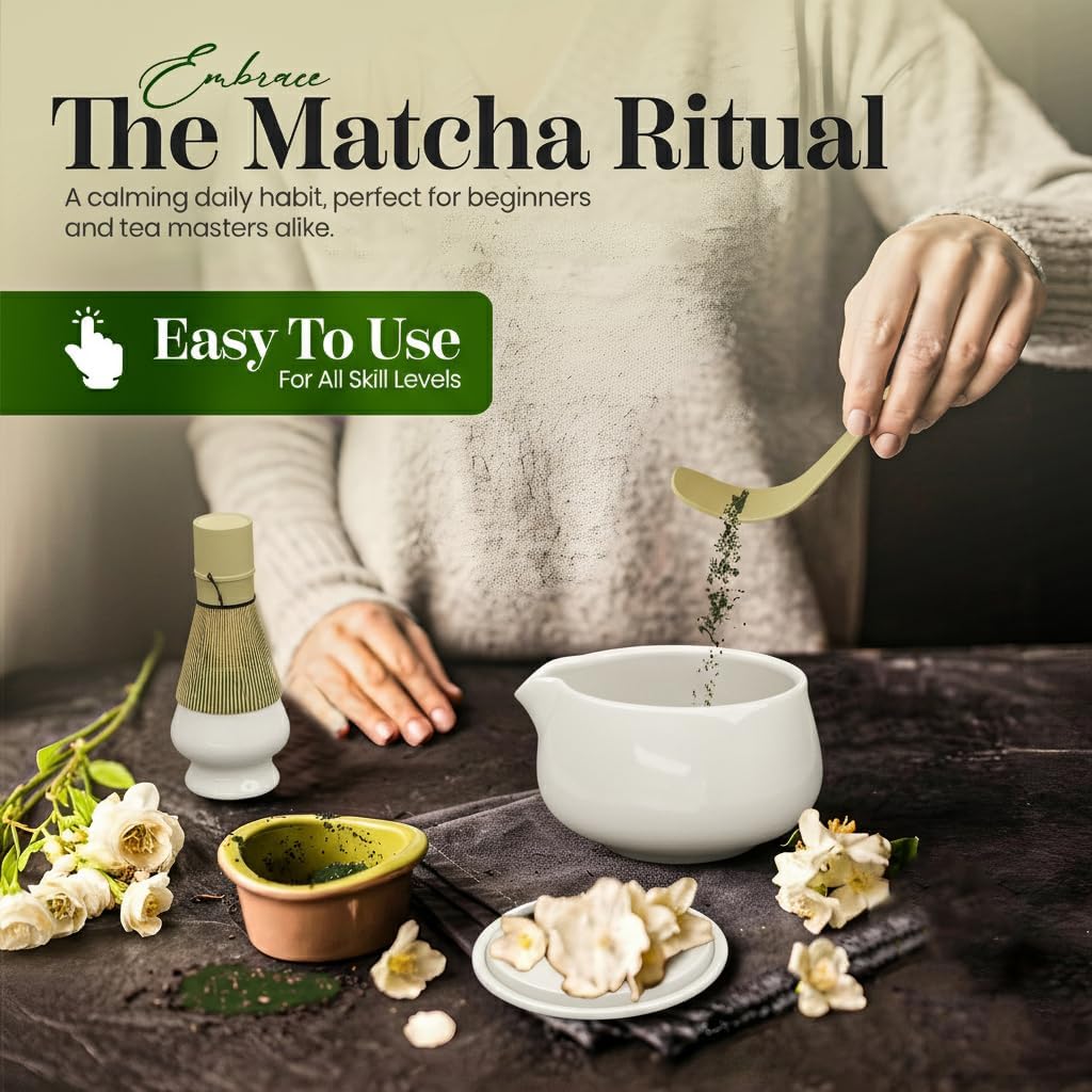Matcha Whisk Set – Complete Matcha Kit with Ceramic Bowl (650ml / 22oz) & Measurement Lines, Bamboo Chasen, Scoop, Holder & Lid – Matcha Tea Set Gift for Beginners – White