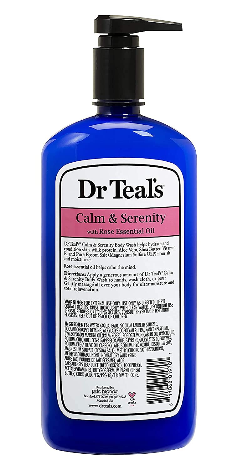 Dr Teal's Calm & Serenity Body Wash with Milk & Rose Essential Oils (1 Bottle, 24 oz) - Pure Epsom Salt, Aloe Vera, Shea Butter, Vitamin E, & Milk Protein Nourish and Moisturize Skin - Calm the Mind