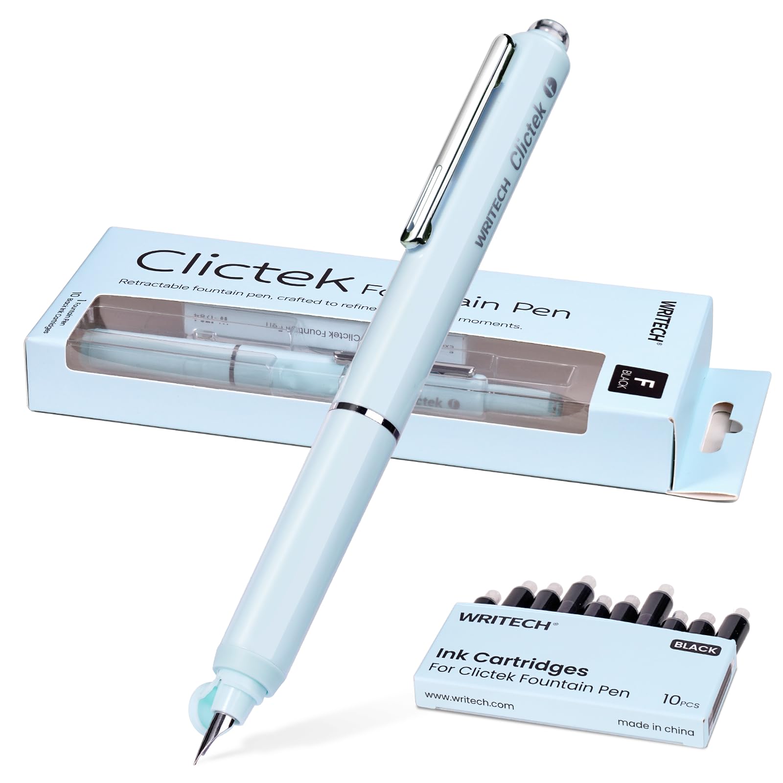 WRITECH Clictek Fountain Pen Fine: Retractable Black Ink with 10 Cartridges