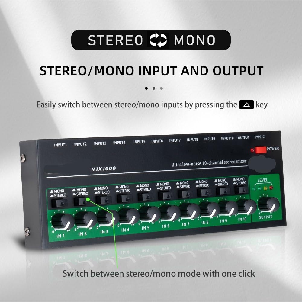 Mixer Audio, Mixer stereo a 10 canali a bassissimo rumore MIX1000 Mini mixer audio Alimentazione DC5V