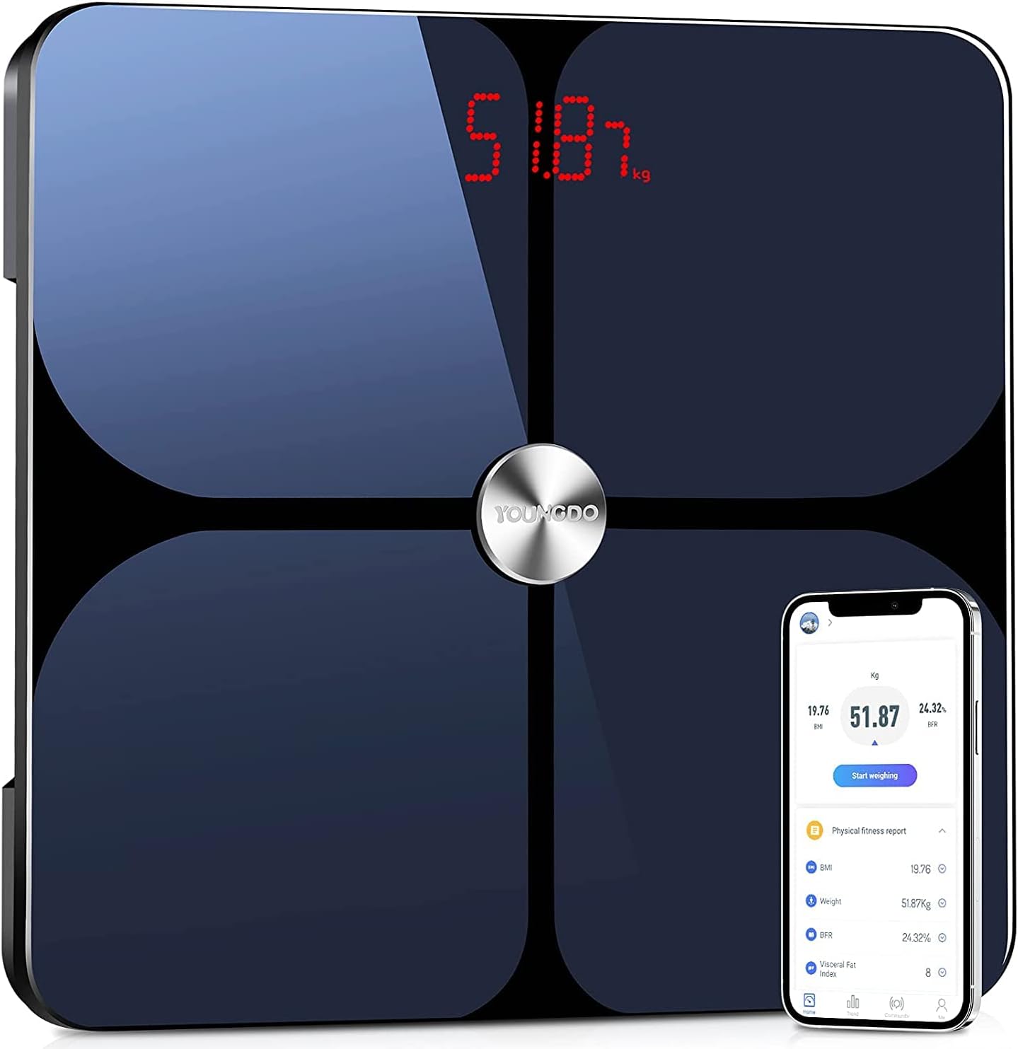 YOUNGDOSmart Scale with ITO Surface, Large LED Display, 19 Measurements, Weight/Body Fat/BMI/Fitness Body Composition Analysis with App, Auto On/Off, Tempered Glass Surface