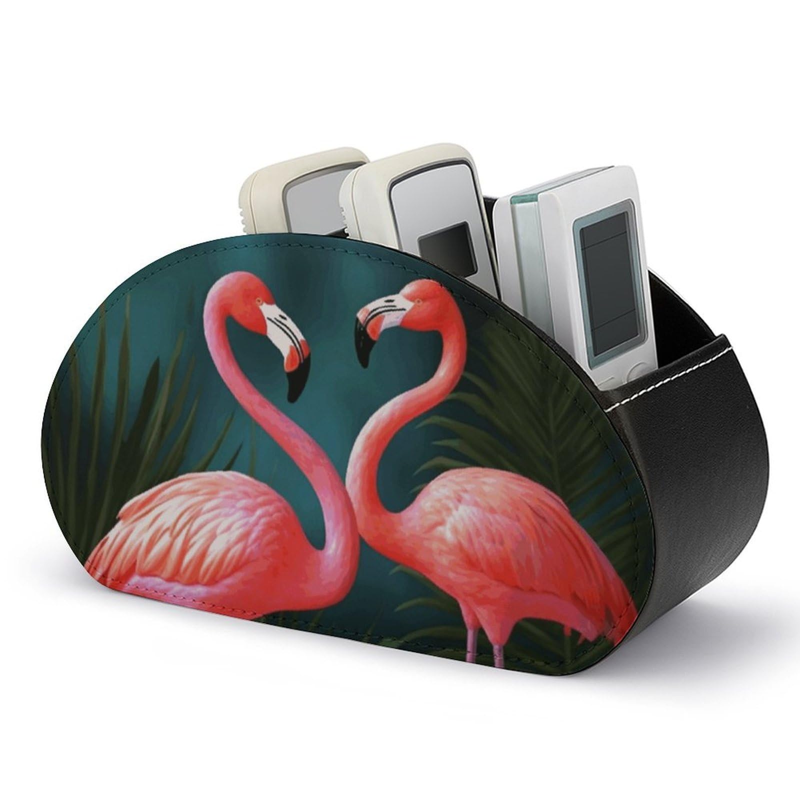 VstaDank Flamingo Flowers Remote Control Holder with 5 Compartments PU Leather Remote Caddy Desktop Organizer Store TV Remote Control Storage Box for Home Office Desk Nightstand