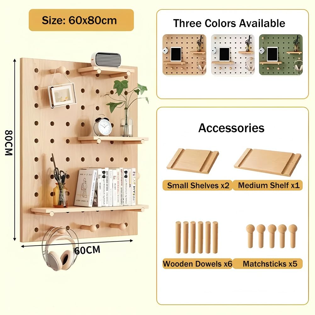 Estante de madera para tablero de clavijas, kit de panel de almacenamiento de pared con clavijas y separadores de madera, estante flotante y almacenamiento colgante para dormitorio, apartamento