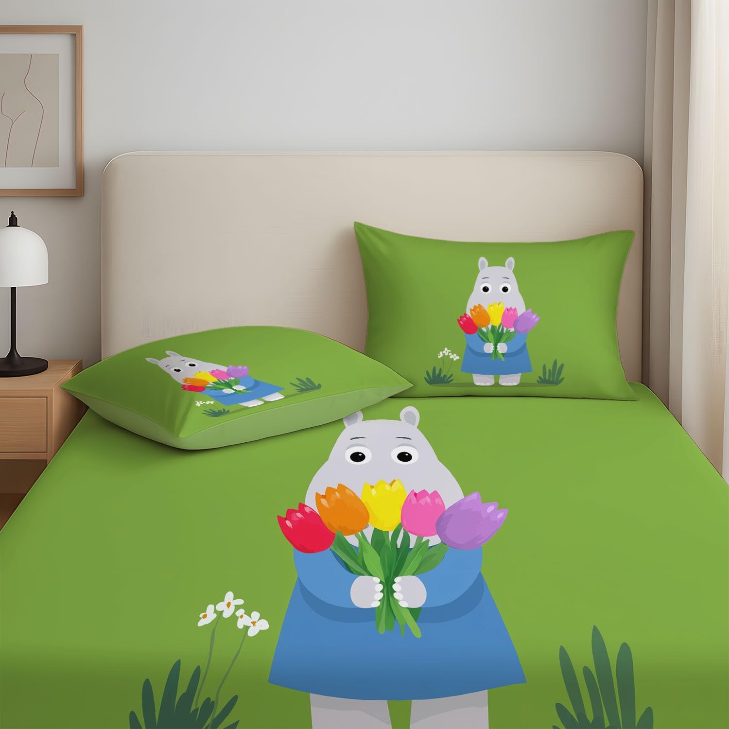 Kinderzimmer Spannbettlaken 200 x 200 cm - Mikrofaser Nilpferd mit Blumenstrauß, Fröhlich Bettwäsche-Set, Geometrisch, Cartoon, Fröhlich with 30 cm Tiefe Tasche Bettlaken