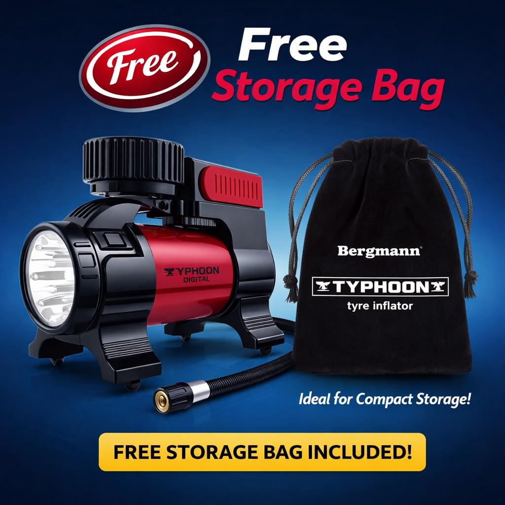 Bergmann Typhoon Digital Heavy-Duty Metal Tyre Inflator with Auto Cut-Off & LED Light (BCT-150D)