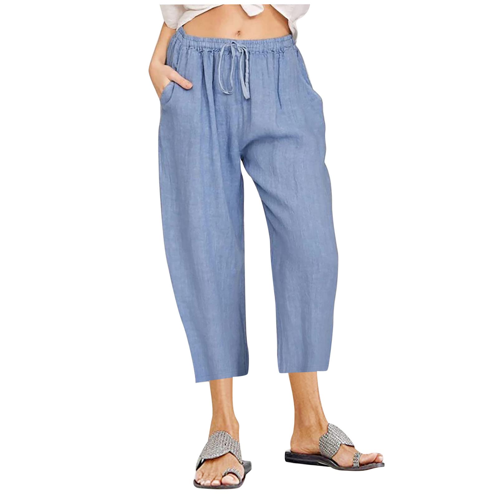 Linen Capris Pants for Women Summer Drawstring Elastic High Waist Linen Pant Straight Wide Leg Cropped Trouser Pants
