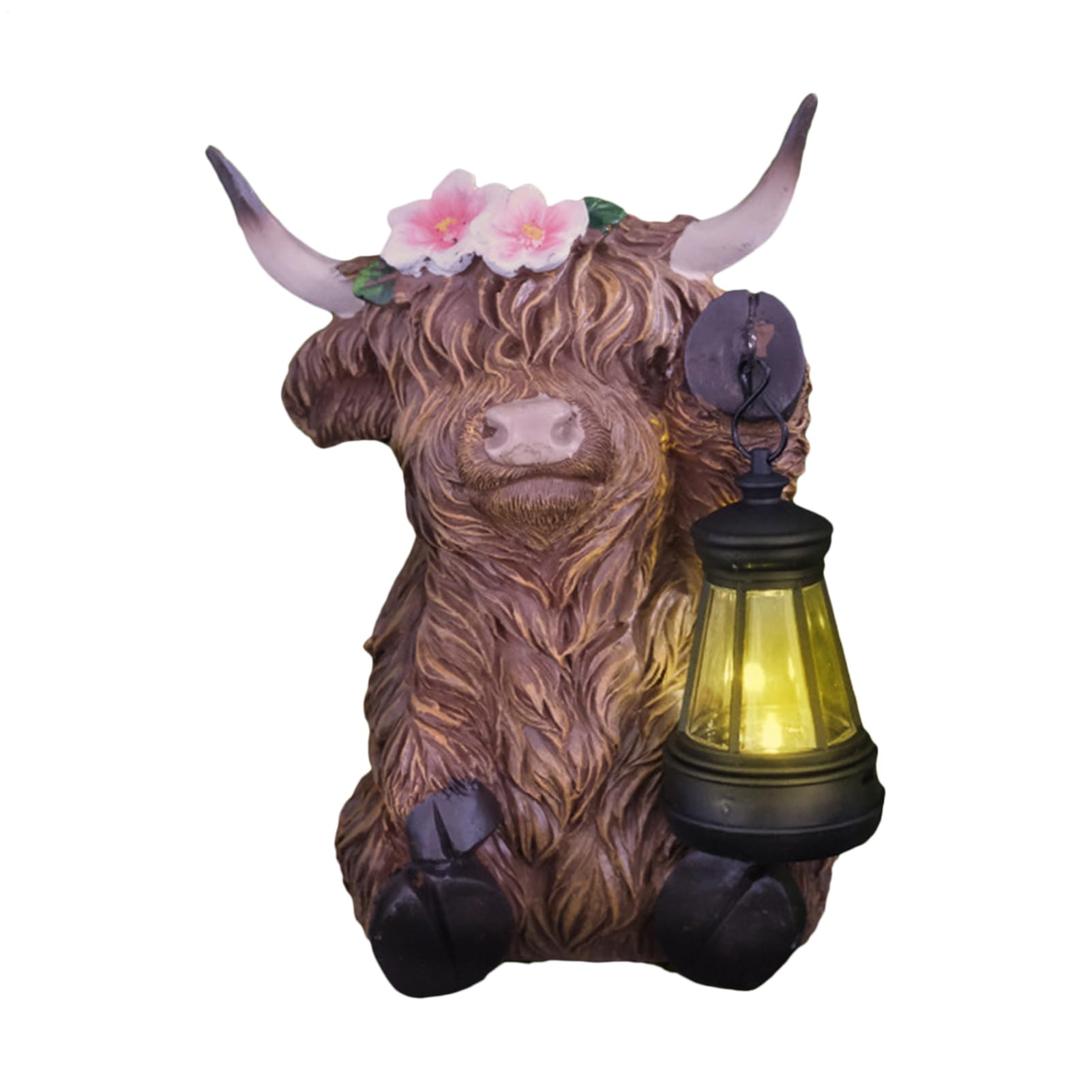 Vache Highland solaire en résine pour illuminer votre terrasse, salon et bureau de campagne