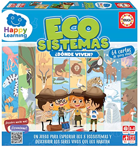 Educa - Ecosistemas Happy Learning | Juego de Mesa para Explorar los 8 ecosistemas y Descubrir los Seres Vivos Que los Habitan, 64 Cartas y fichas de acción. A Partir de 6 años (19322)