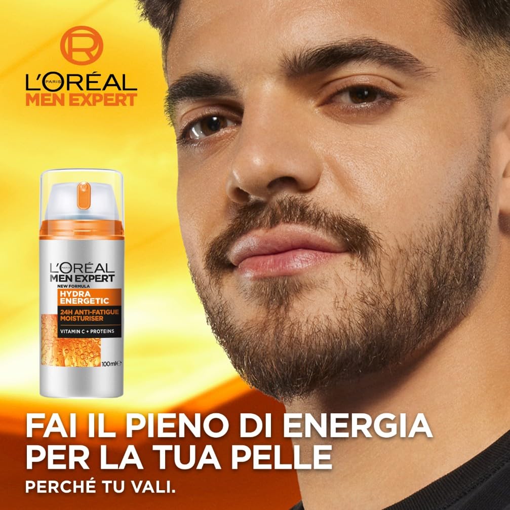 L'Oréal Paris Men Expert Crema Idratante Anti-Fatica Uomo, Pelle Rivitalizzata, Levigata e Idratata, Occhiaie e Rughe Sottili Ridotte, Arricchita con Proteine e Vitamina C, Hydra Energetic, 100 ml