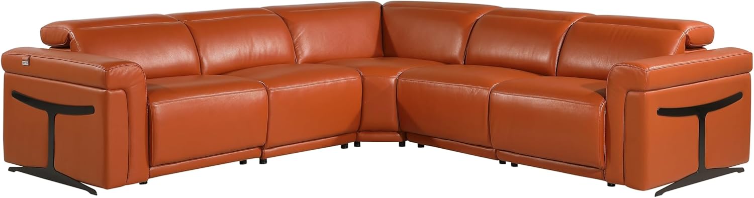HomeRoots Camel Italian Leather Modular L Shaped Five Piece Corner Sectional