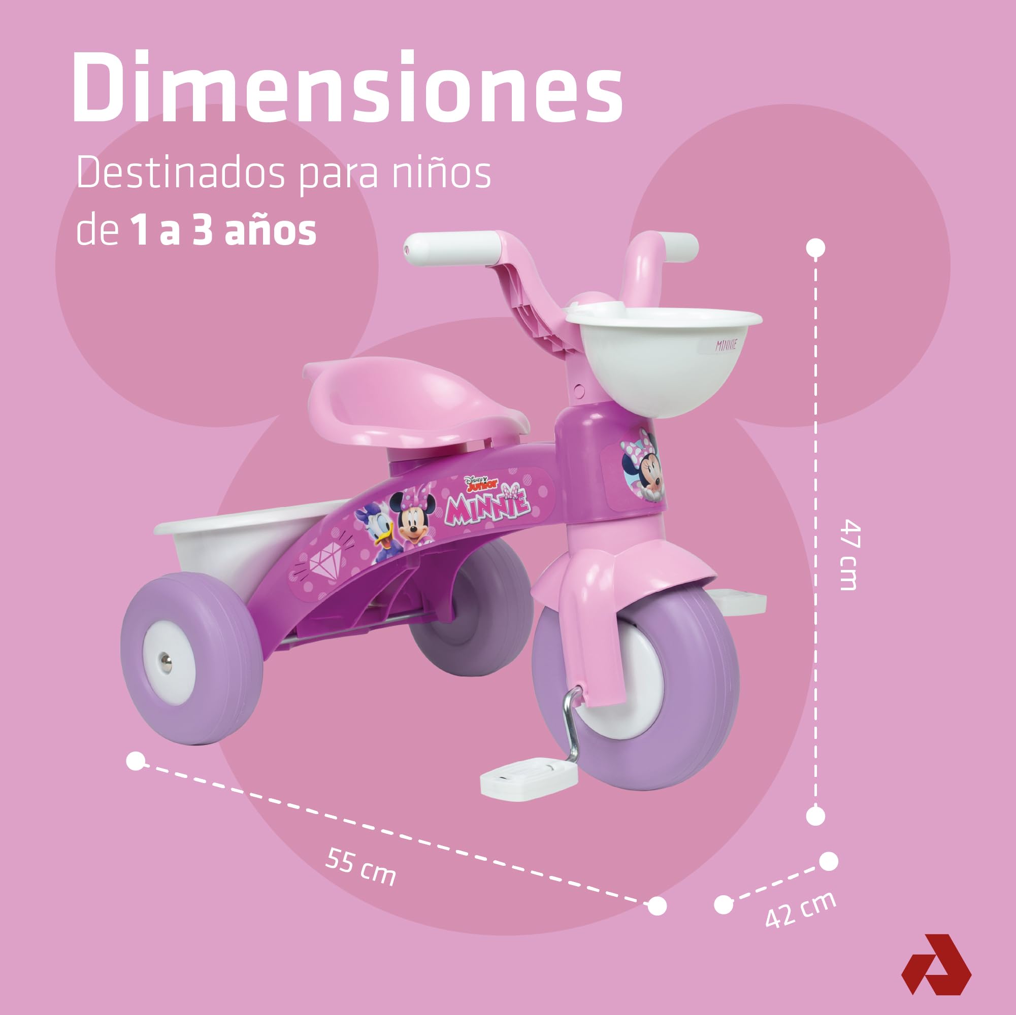 Triciclo Bebe 1 Año 2 Años 3 Años Trico MAX Minnie Mouse - Triciclo Infantil para Niños y Niñas - Triciclo Ligero con Pedales + Cesta Delantera y Trasera Portaobjetos - INJUSA