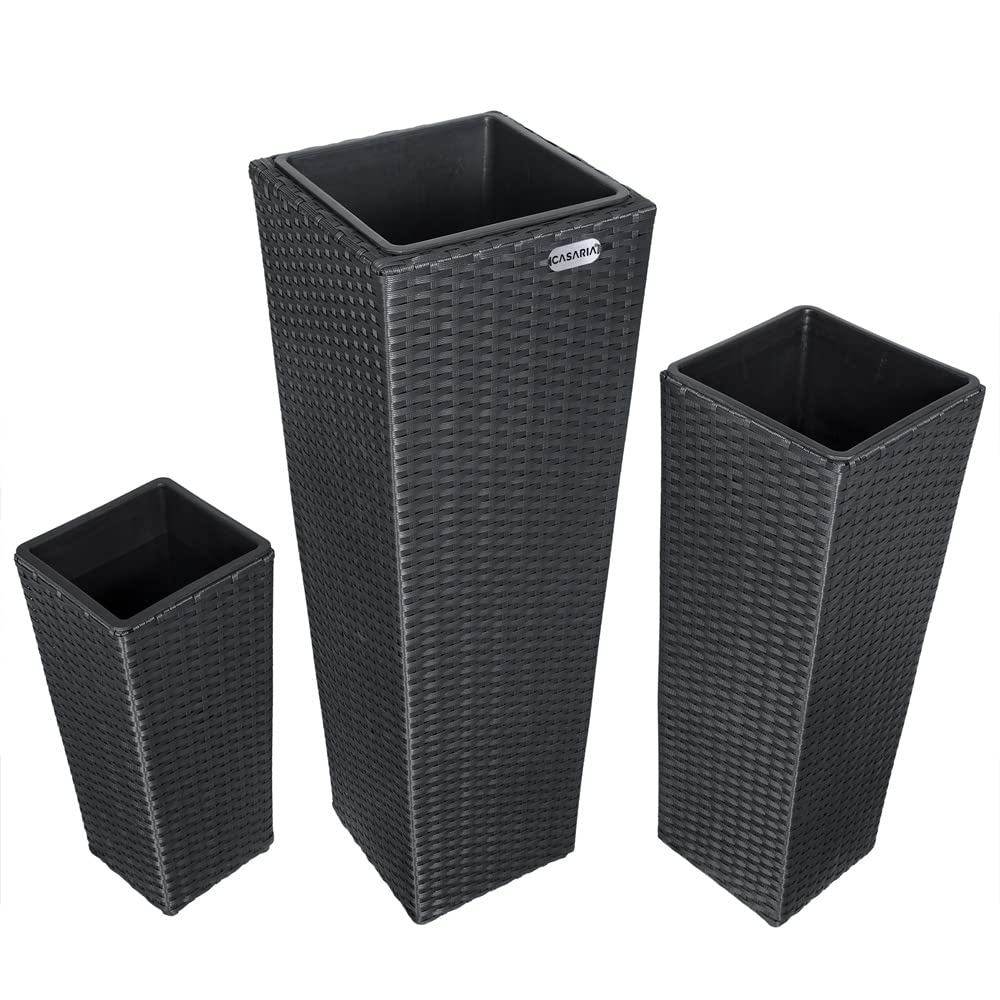 Casaria Set de 3 Pots de Fleurs polyrotin Noir Cache-Pot Pot intérieur évacuation Eau extérieur intérieur bac à Fleurs jardinière