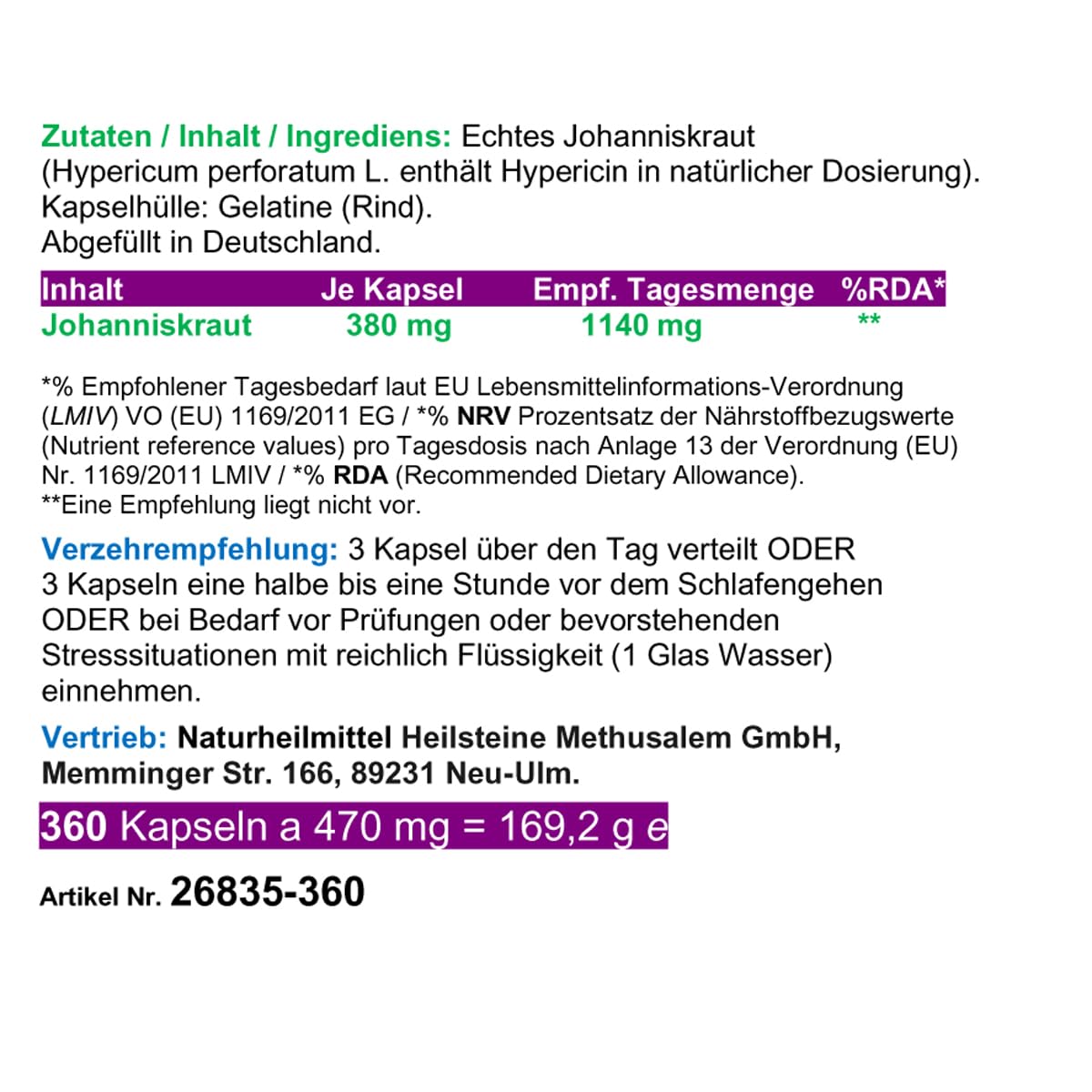JOHANNISKRAUT 360 Kapseln Ruhe, Entspannung, inneres Gleichgewicht. Psychische Belastbarkeit bei Stimmungstief und innerer Unruhe stärken. 100% NATUR pur. OHNE ZUSATZSTOFFE 26835-360