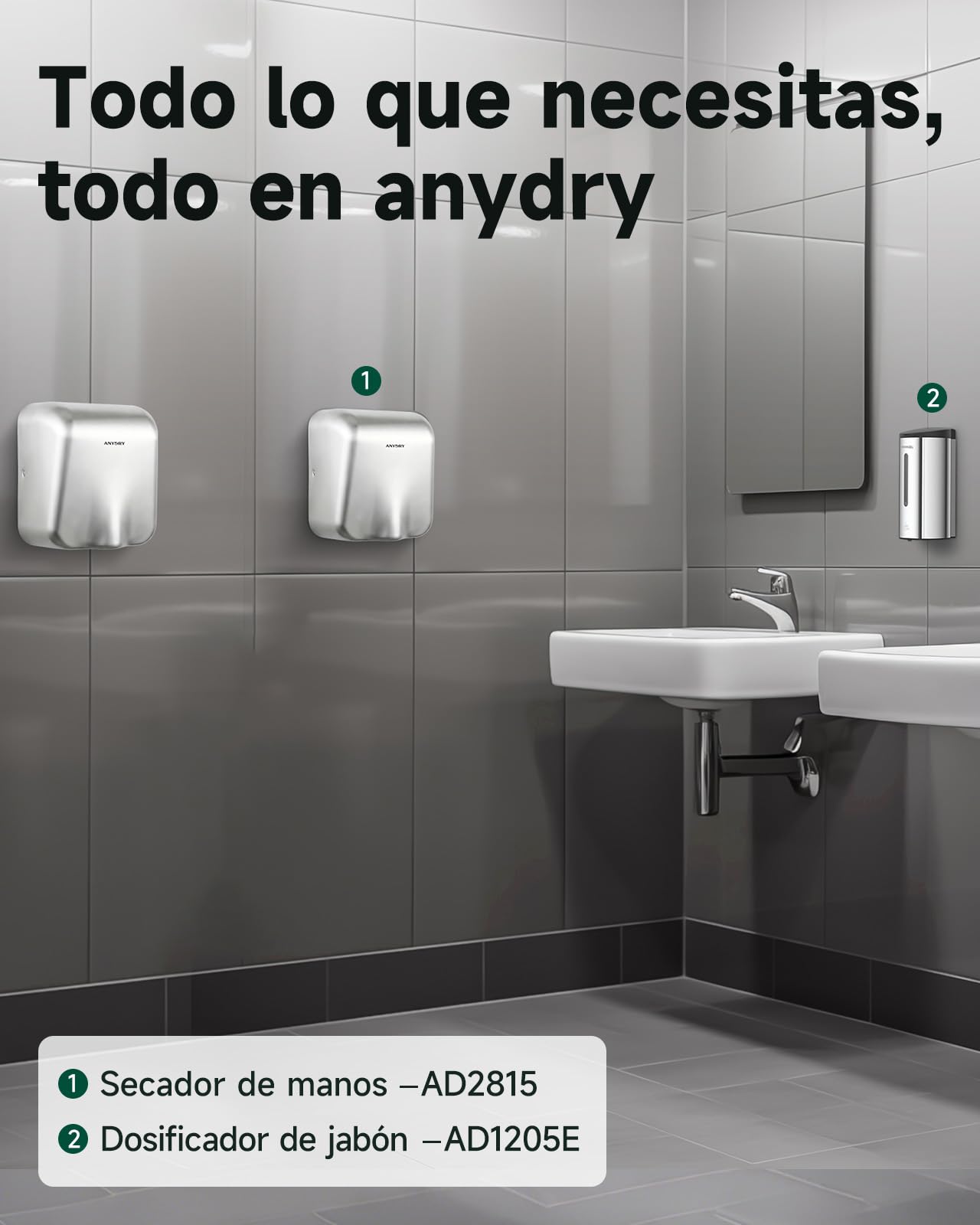 anydry IronStorm 2815 Secamanos Comercial con Filtro HEPA Sensor sin Contacto 1600W Acero Inoxidable Cepillado